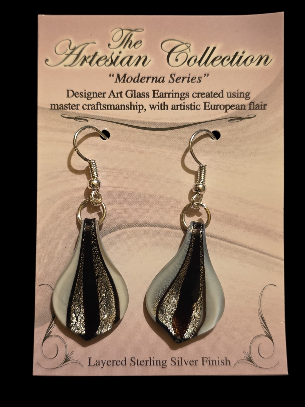 Artesian Collection White and Black Teardrop Glass Earrings